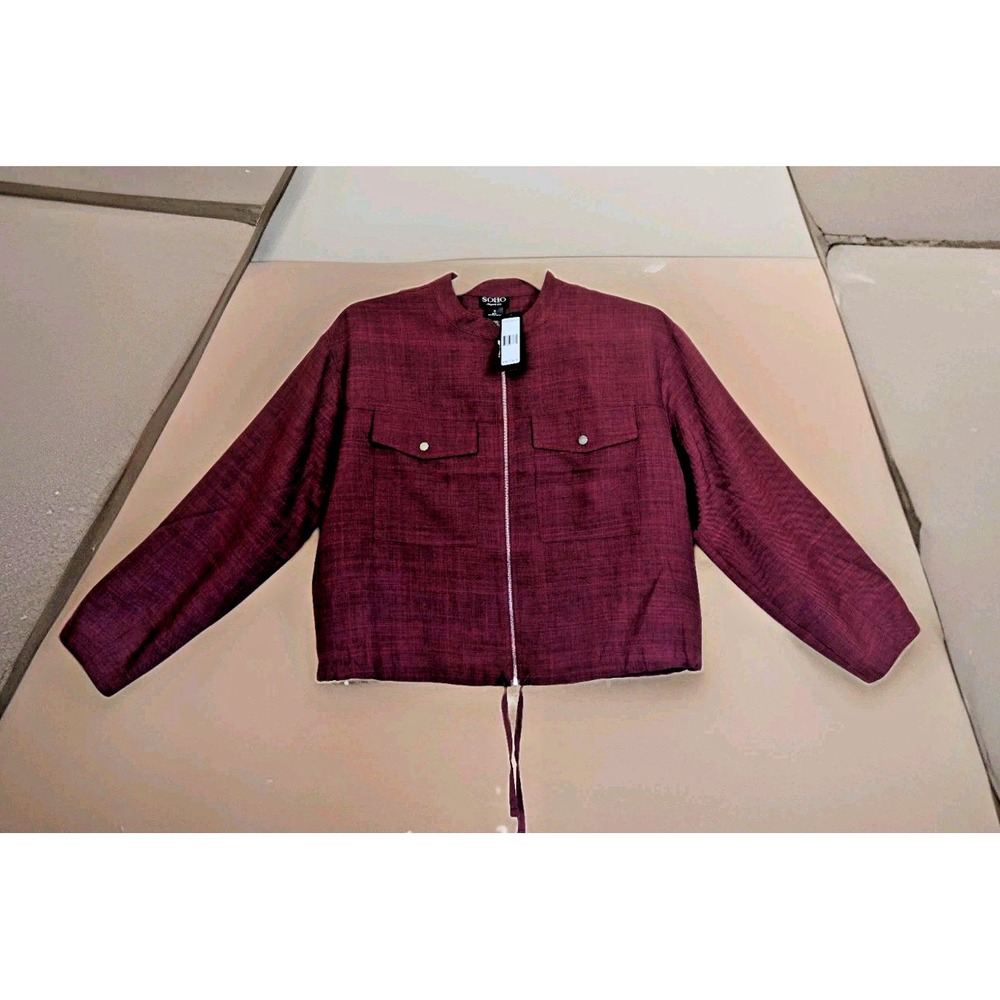 SOHO Women's Burgundy Light Jacket  Zip Front Pockets Long Sleeve Drawstring